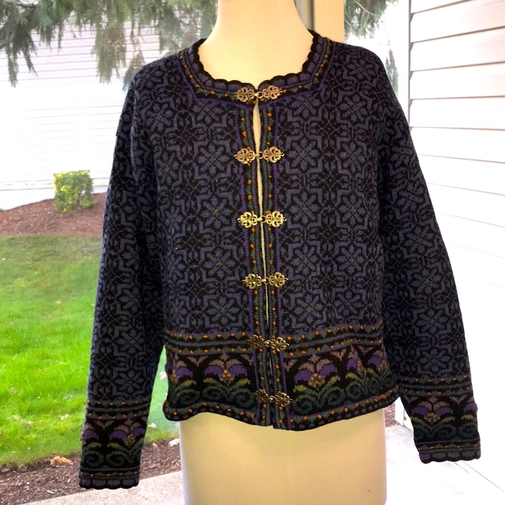 ❤️ Women’s Sz L EUC VINTAGE 2001 ICELANDIC DESIGN 100% Wool Lined Sweater Jacket